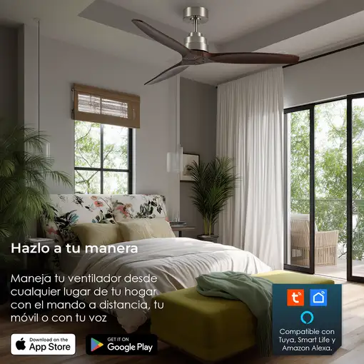 Yoevu Helix Nogal-Ventilador de techo con wifi sin luz, 6 velocidades, aspa madera