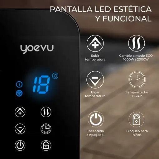 Yoevu - Radiador eléctrico de bajo consumo 2000W con wifi, negro