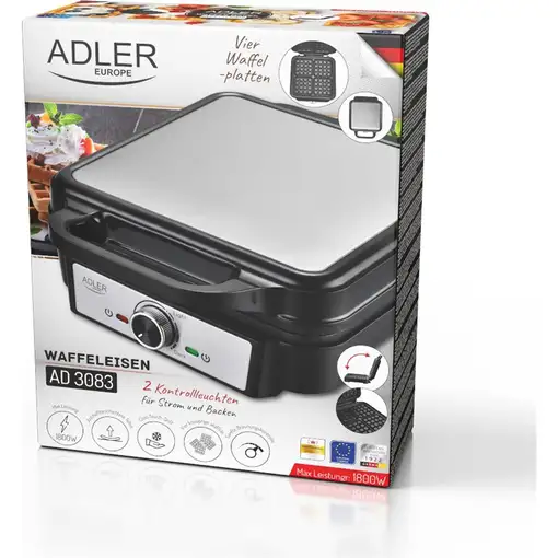 Adler AD 3083 gofrera 4 barquillo(s) 1200 W Negro, Plata
