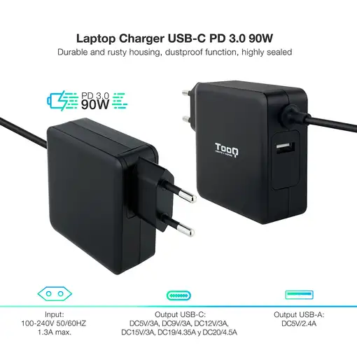 TooQ TQLC-USBC90PD adaptador e inversor de corriente Auto 90 W Negro