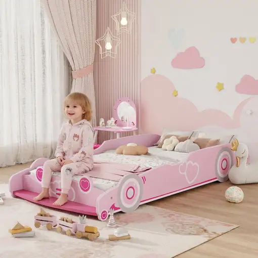 Cama Infantil 70x140 cm Forma Coche con Barrera Anticaídas Somier Rosa AIYAPLAY