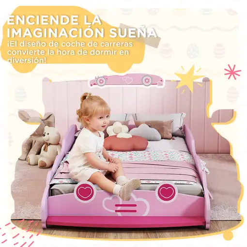 Cama Infantil 70x140 cm Forma Coche con Barrera Anticaídas Somier Rosa AIYAPLAY