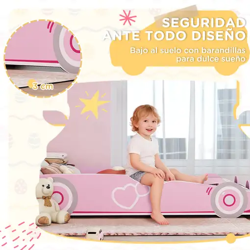 Cama Infantil 70x140 cm Forma Coche con Barrera Anticaídas Somier Rosa AIYAPLAY