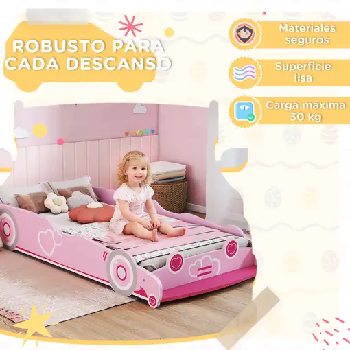 Cama Infantil 70x140 cm Forma Coche con Barrera Anticaídas Somier Rosa AIYAPLAY