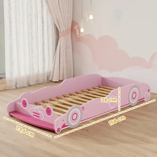 Cama Infantil 70x140 cm Forma Coche con Barrera Anticaídas Somier Rosa AIYAPLAY