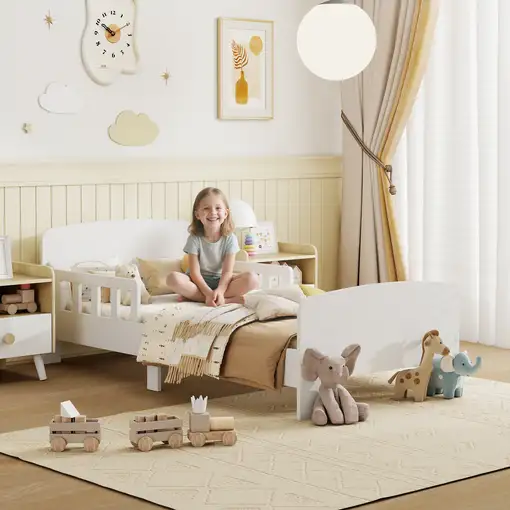Cama Infantil 70x140 cm con Barrera Anticaídas y Somier Blanco AIYAPLAY