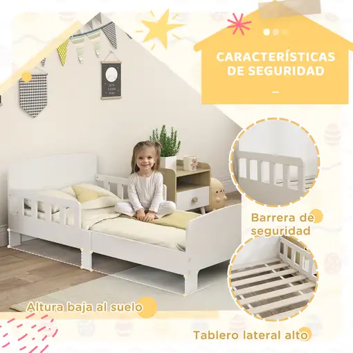 Cama Infantil 70x140 cm con Barrera Anticaídas y Somier Blanco AIYAPLAY