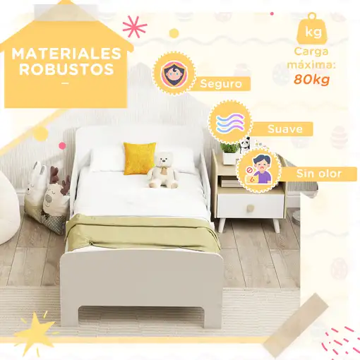 Cama Infantil 70x140 cm con Barrera Anticaídas y Somier Blanco AIYAPLAY