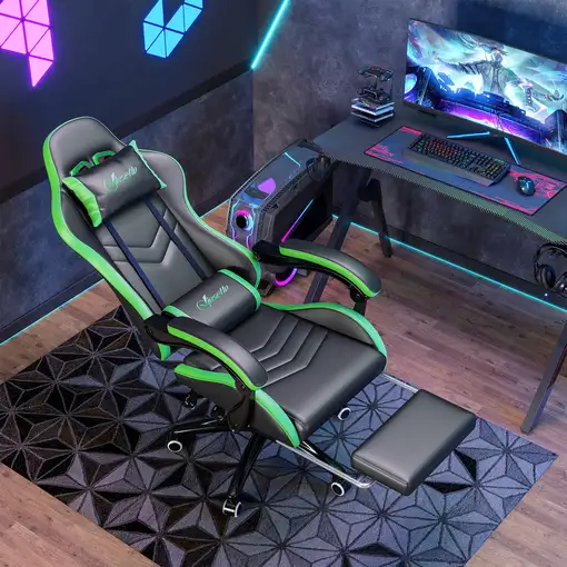 Silla Gaming de Cuero PU Reclinable 135° Altura Ajustable Negro y Verde Vinsetto