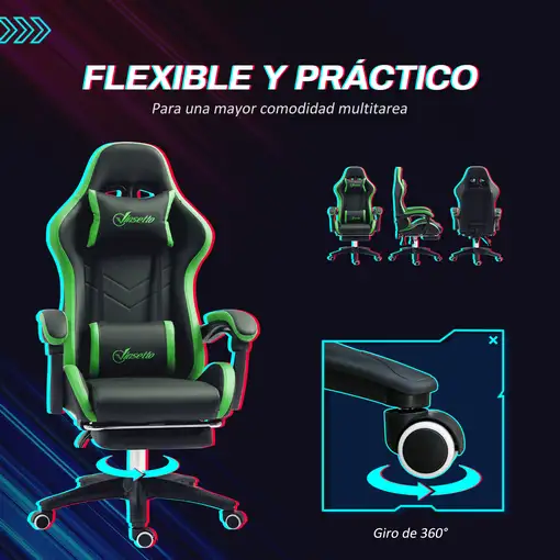 Silla Gaming de Cuero PU Reclinable 135° Altura Ajustable Negro y Verde Vinsetto