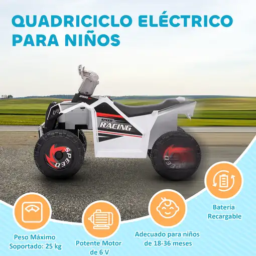 Quad Eléctrico para Niños de 18-36 Meses 6V 70x41,5x48,5 cm Blanco HOMCOM