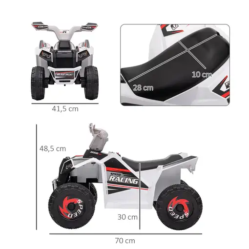 Quad Eléctrico para Niños de 18-36 Meses 6V 70x41,5x48,5 cm Blanco HOMCOM
