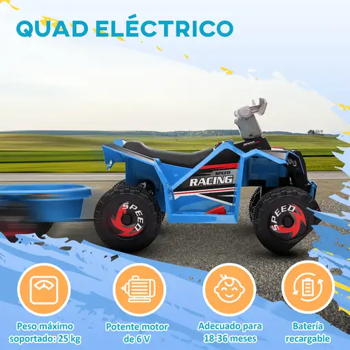 Quad Eléctrico para Niños con Remolque 106x41,5x48,5 cm Azul HOMCOM