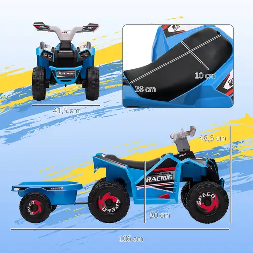 Quad Eléctrico para Niños con Remolque 106x41,5x48,5 cm Azul HOMCOM