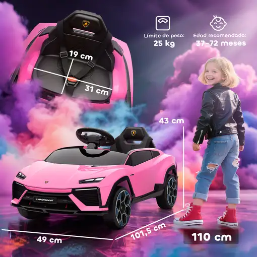 Coche Eléctrico para Niños de +3 Años Lamborghini Batería 12V Rosa AIYAPLAY