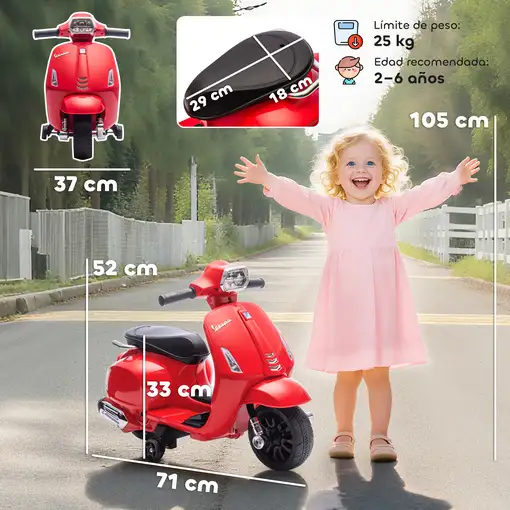 Moto Eléctrica para Niños 6V Ruedas de 6,9'' Velocidad de 2,5km/h Rojo AIYAPLAY