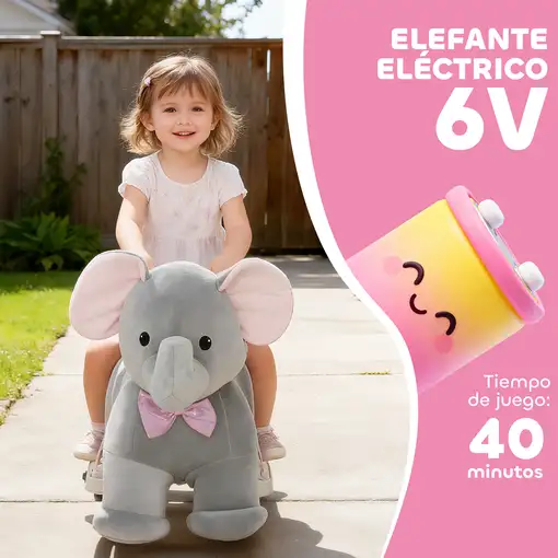 Elefante Eléctrico con Música Batería 6V Ruedas Silenciosas Gris AIYAPLAY