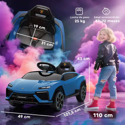 Coche Eléctrico para Niños de +3 Años Lamborghini Batería 12V Azul AIYAPLAY