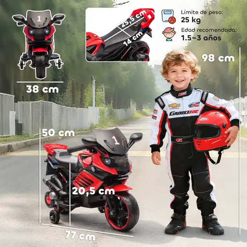 Moto Eléctrica para Niños 6V con Ruedas de Apoyo Música Rojo AIYAPLAY