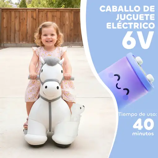 Caballito Eléctrico con Música Batería 6V Ruedas Silenciosas Blanco AIYAPLAY