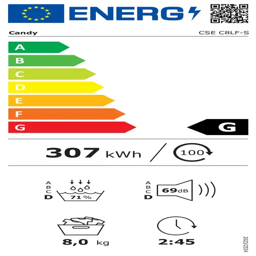 Secadora de condensación blanca, con bomba de calor, 8 kg, Smart CSE C8LF-S CANDY