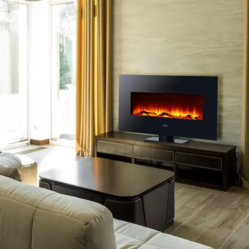 Chimenea eléctrica panorámica de cristal templado negro