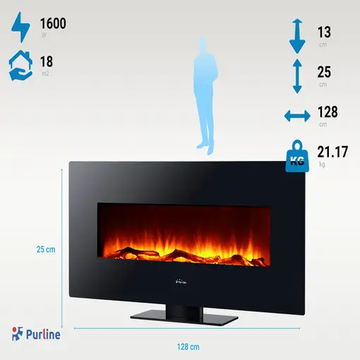 Chimenea eléctrica panorámica de cristal templado negro