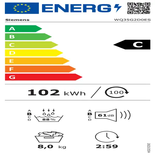 Secadora blanca con bomba de calor, 8 kg, iQ500 WQ35G2D0ES SIEMENS