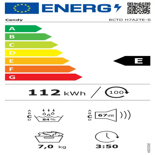Secadora integrable de bomba de calor, 7 kg, BCTD H7A2TE-S CANDY
