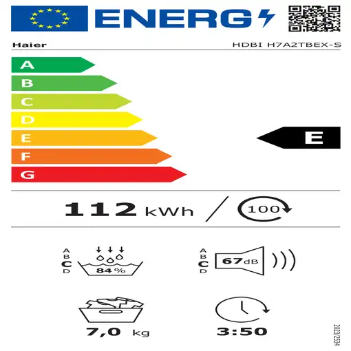 Secadora integrable con bomba de calor, 7 Kg, HDBI H7A2TBEX-S HAIER