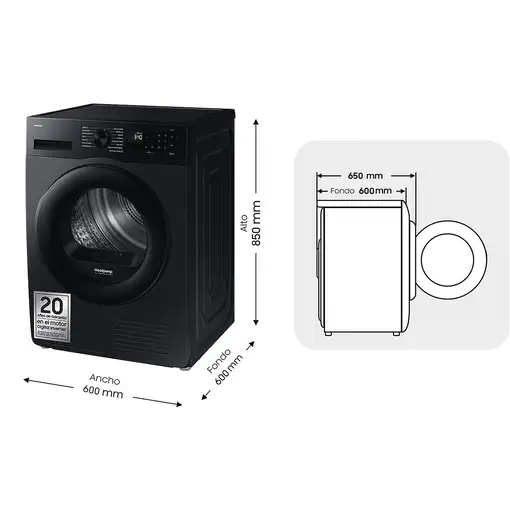 Samsung Secadora 9Kg con Bomba de Calor Clase A+++ Negra DV90DG52A0ABEC