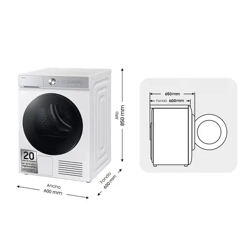 Samsung Series 8 Secadora Bespoke AI 9kg OptimalDry A+++ Blanca DV90DB8845GHU3