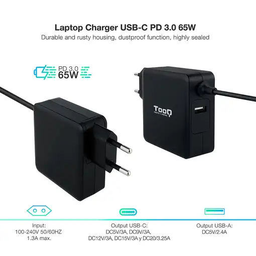TooQ TQLC-USBC65PD adaptador e inversor de corriente Interior 65 W Negro