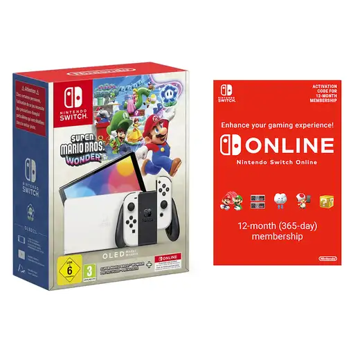 Consola NINTENDO Switch+Super Mario Bros. Wonder+Online Individual 12-Month Blanco Consola NINTENDO Switch+Super Mario Bros. Wonder+Online Individual 12-Month Blanco