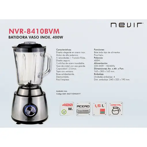 Nevir NVR-8410BVM licuadora 1,5 L Batidora de vaso 400 W Negro, Acero inoxidable