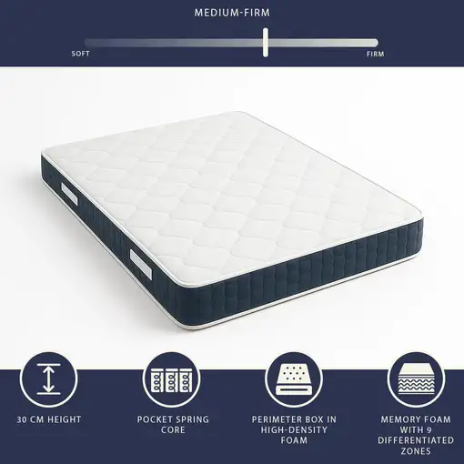 The White Stone Colchón 135x190 cm, Altura 30 cm, con Muelles Ensacados y Memory F