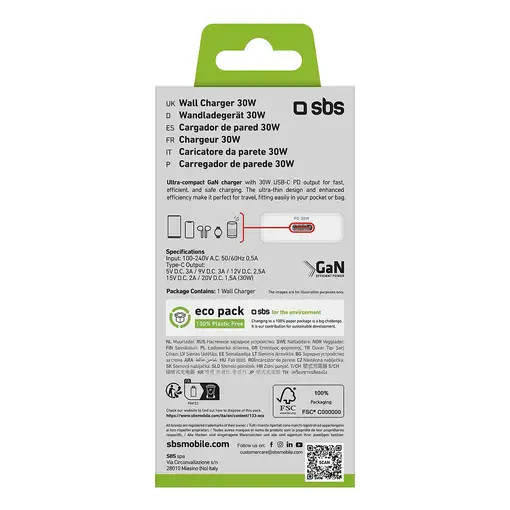 SBS TETRGAN1C30SLIM cargador de dispositivo móvil Universal Blanco Corriente alter