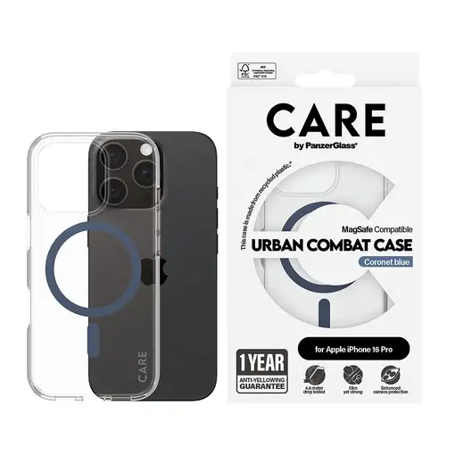 PanzerGlass CARE™ by ® Urban Combat Case Transparent w. Blue MagSafe iPhone 16 Pro