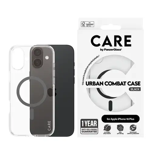 PanzerGlass CARE™ by ® Urban Combat Case Transparent w. Black MagSafe iPhone 16 Pl