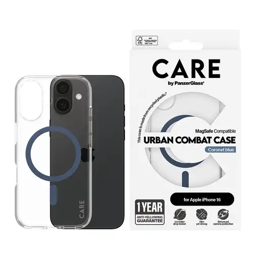 PanzerGlass CARE™ by ® Urban Combat Case Transparent w. Blue MagSafe iPhone 16 fun