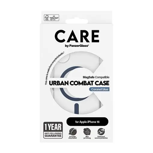 PanzerGlass CARE™ by ® Urban Combat Case Transparent w. Blue MagSafe iPhone 16 fun