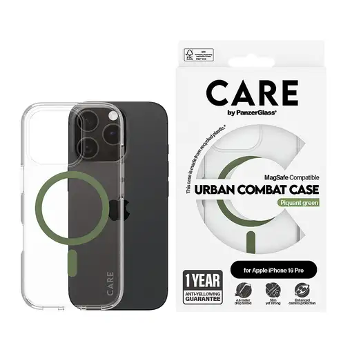PanzerGlass CARE™ by ® Urban Combat Case Transparent w. Green MagSafe iPhone 16 Pr