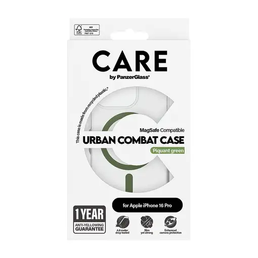 PanzerGlass CARE™ by ® Urban Combat Case Transparent w. Green MagSafe iPhone 16 Pr