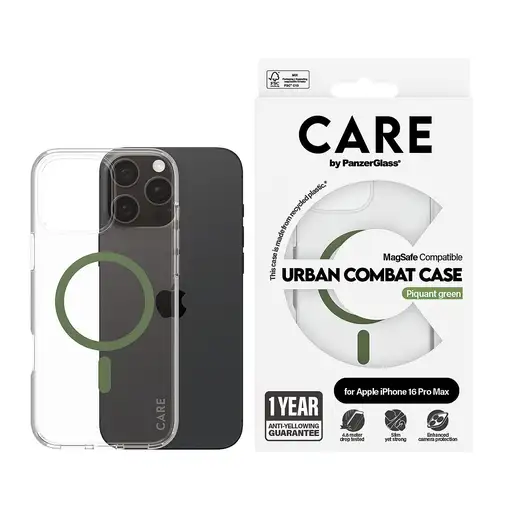 PanzerGlass CARE™ by ® Urban Combat Case Transparent w. Green MagSafe iPhone 16 Pr
