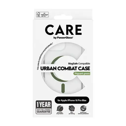 PanzerGlass CARE™ by ® Urban Combat Case Transparent w. Green MagSafe iPhone 16 Pr