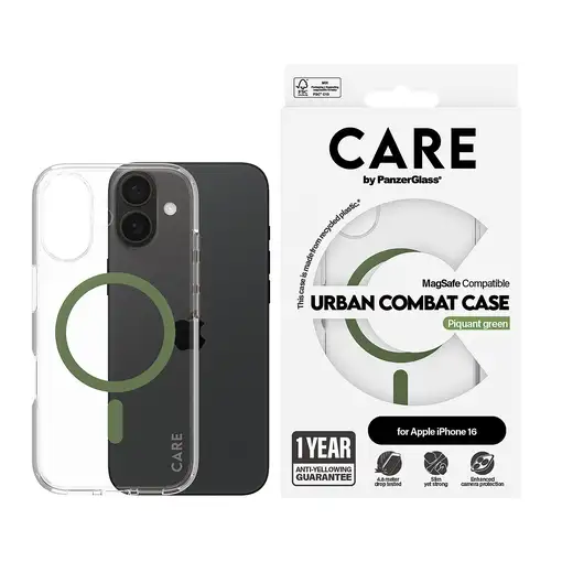PanzerGlass CARE by ® Flagship Transparent Urban Combat w. Green MagSafe iPhone 16