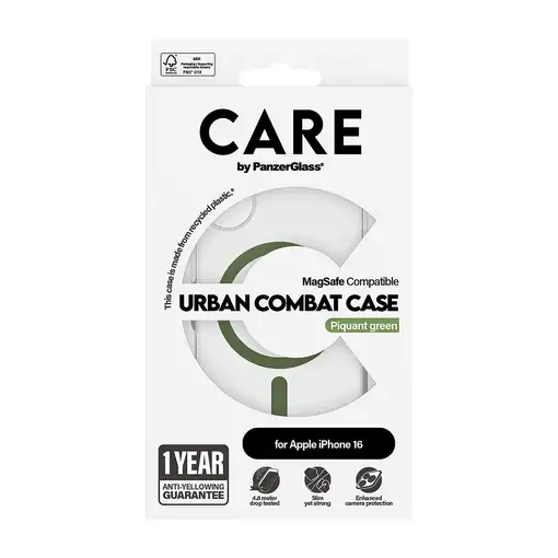 PanzerGlass CARE by ® Flagship Transparent Urban Combat w. Green MagSafe iPhone 16