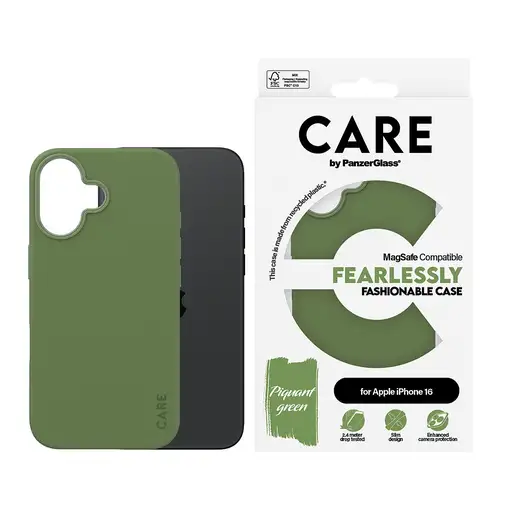 PanzerGlass CARE by ® Fashionable Case Green w. MagSafe iPhone 16 funda