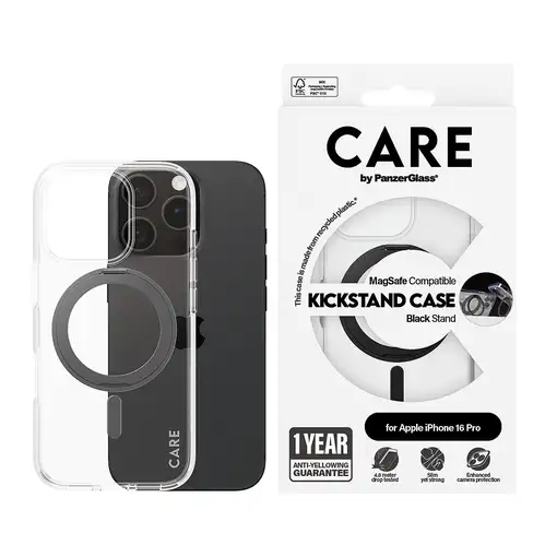 PanzerGlass CARE™ by ® Case Transparent w. Black Kickstand & MagSafe iPhone 16 Pro