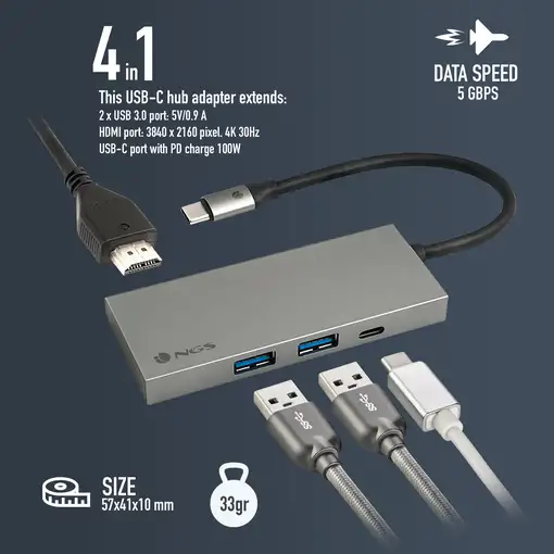 Adaptador multipuerto USB-C con USB3.0, USB-C con carga PD, HDMI, NGS